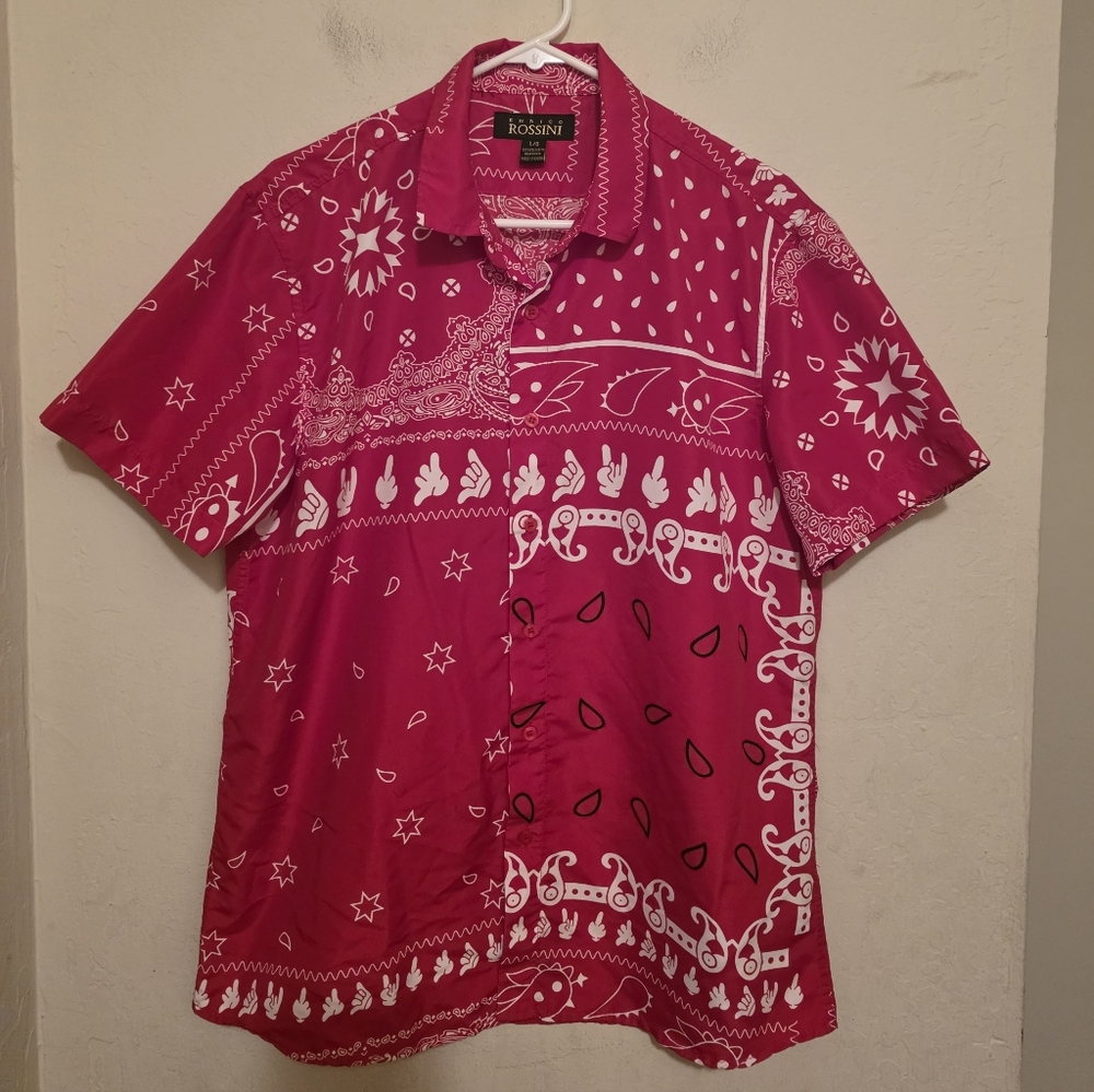 Enrico Rossini Red Bandana Print Men's Button Down Shirt Size Large